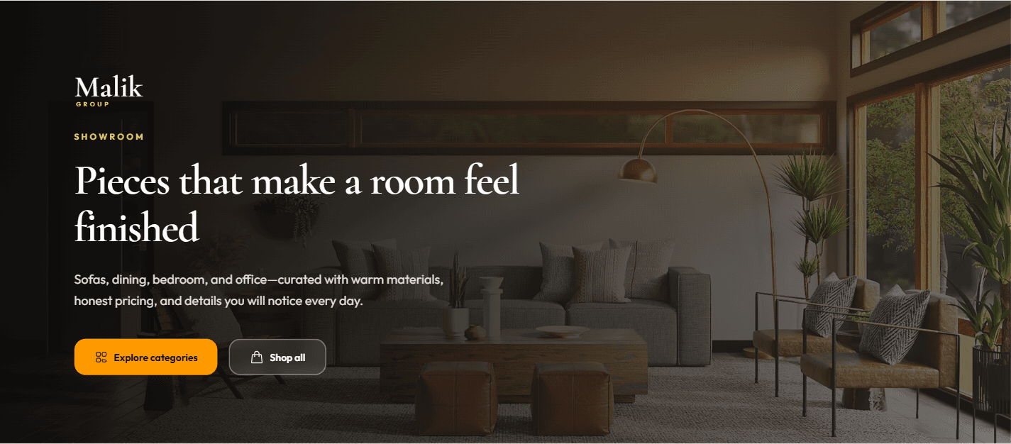 Malik Group furniture catalog homepage showing the showroom hero and product discovery interface.